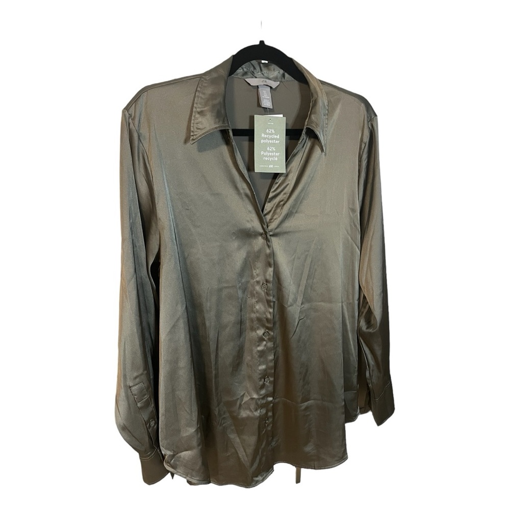 H&M Satin Button-Down Blouse in Olive Green